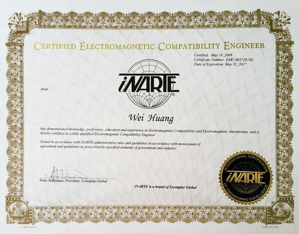 Wei Huang has been an iNARTE Certified EMC Engineer from 2009 (The youngest iNARTE EMC Engineer, 23 years old )
