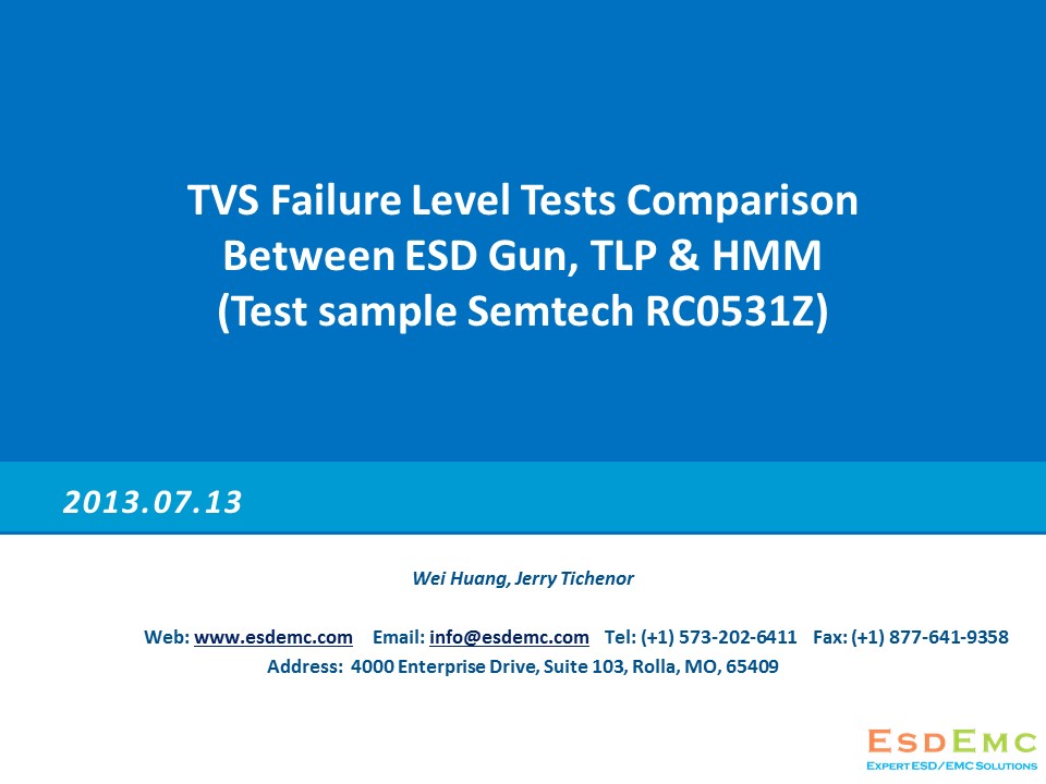 ESDEMC_TS004 TVS Failure Level Tests Comparison Between ESD Gun, TLP & HMM